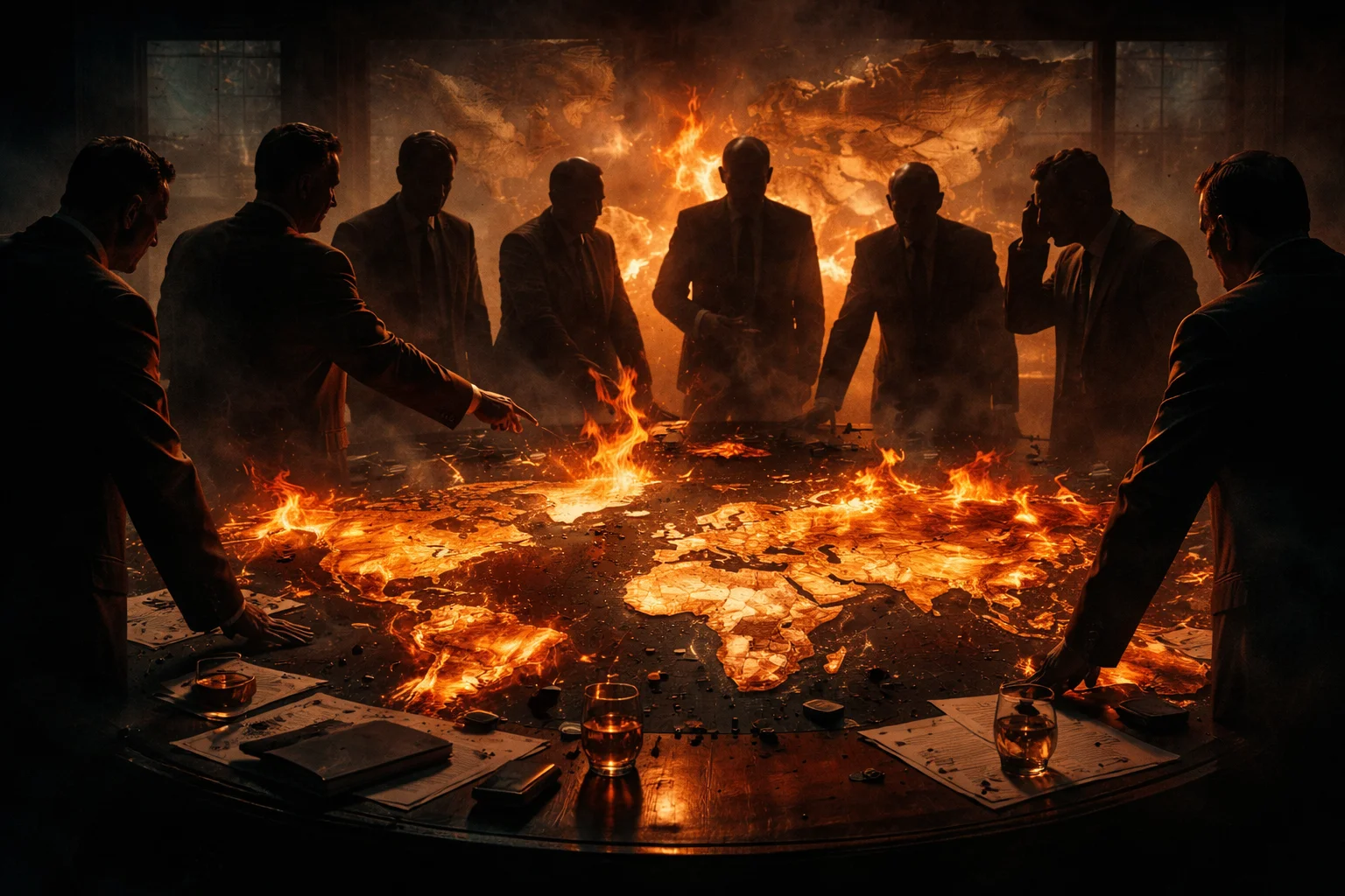 Group of suited men standing around a burning world map table symbolizing global power, conflict and geopolitical control.