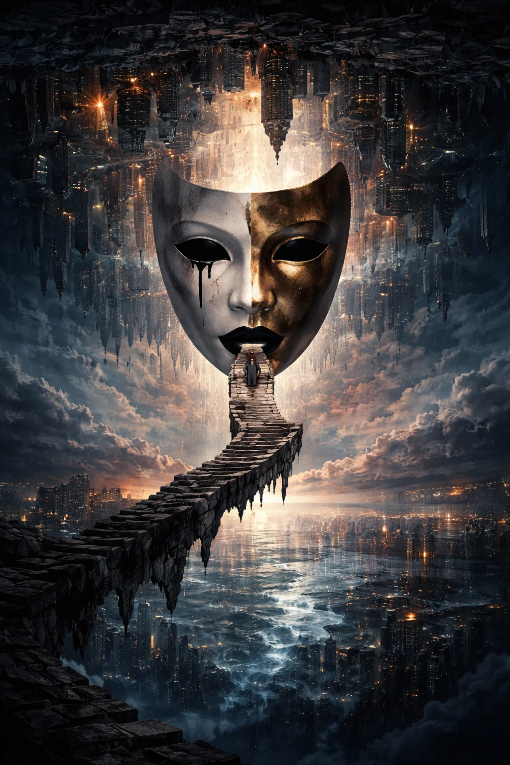 A surreal dual-colored mask above a staircase leading to an inverted floating city over a glowing ocean.